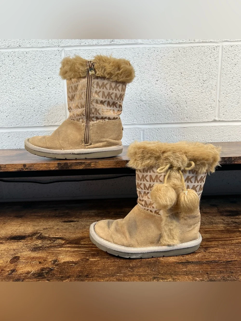 Michael Kors Boots Winter Logo Faux Fur Zip Side Tan Lil Lettie Toddler 12